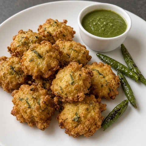 Crisp Methi na Bhajiya fenugreek fritters at Kathiyawadi Kitchen in Winnipeg, MB